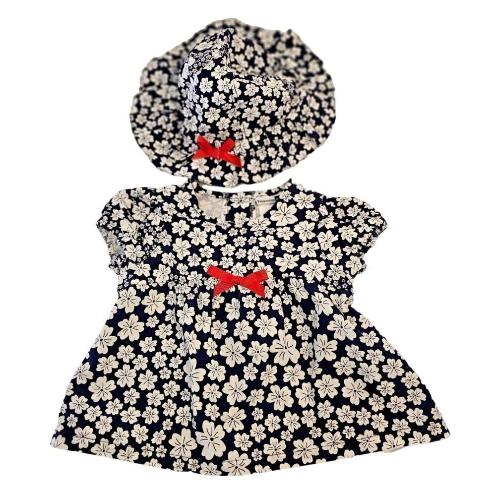 Vitamins Baby Girl 12M Sundress + Hat Set Floral Red White Blue Cotton July 4th